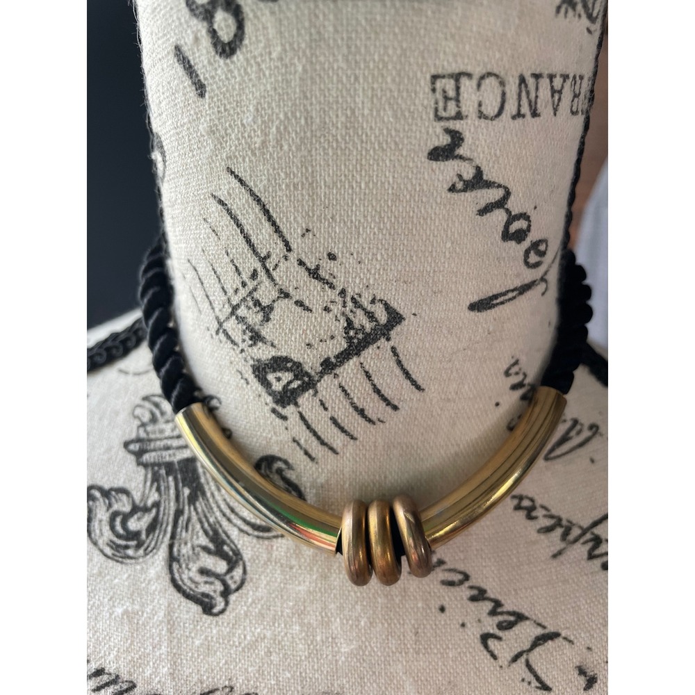 Vintage Black Silk Rope‎ Gold Tone Curved Bar Collar Necklace Minimalist Choker